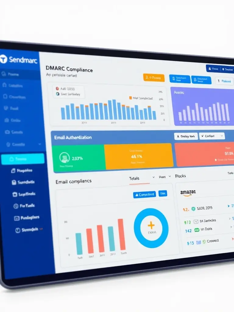 A screenshot of the Sendmarc dashboard, displaying DMARC compliance statistics and email authentication results, used to demonstrate Sendmarc's email security capabilities.