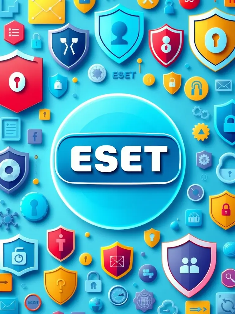 A close-up shot of the ESET logo with a background showcasing various security icons and shields, representing the comprehensive protection offered by ESET.