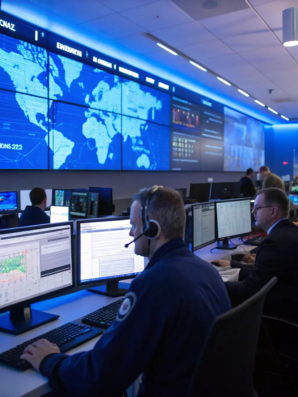 A professional photograph of a security operations center with multiple screens displaying security dashboards and analysts monitoring the systems, emphasizing the 24/7 aspect of the service.