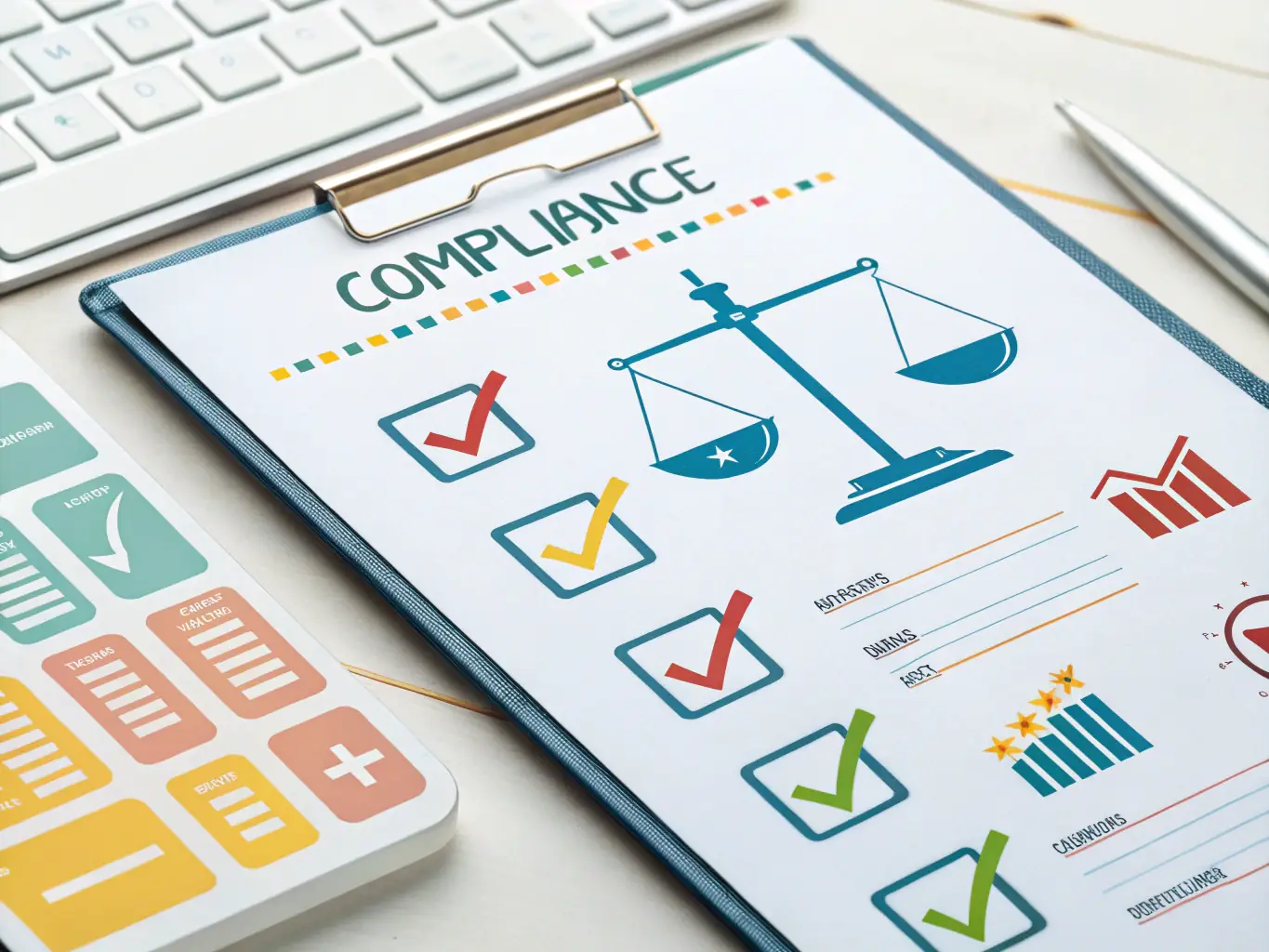 A graphic representing compliance, featuring a checklist icon and various regulatory symbols. The image conveys trust and adherence to industry standards.