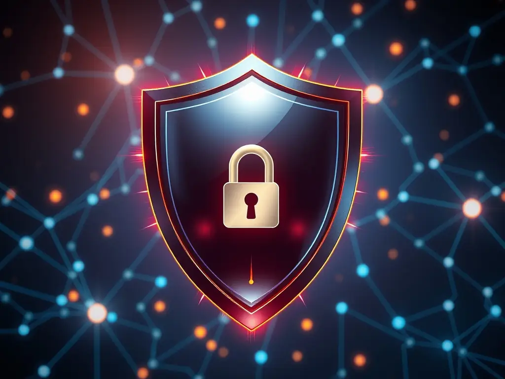 A digital illustration depicting a shield with a magnifying glass examining it, symbolizing vulnerability scanning. The background includes network nodes and data streams, representing a comprehensive security assessment.