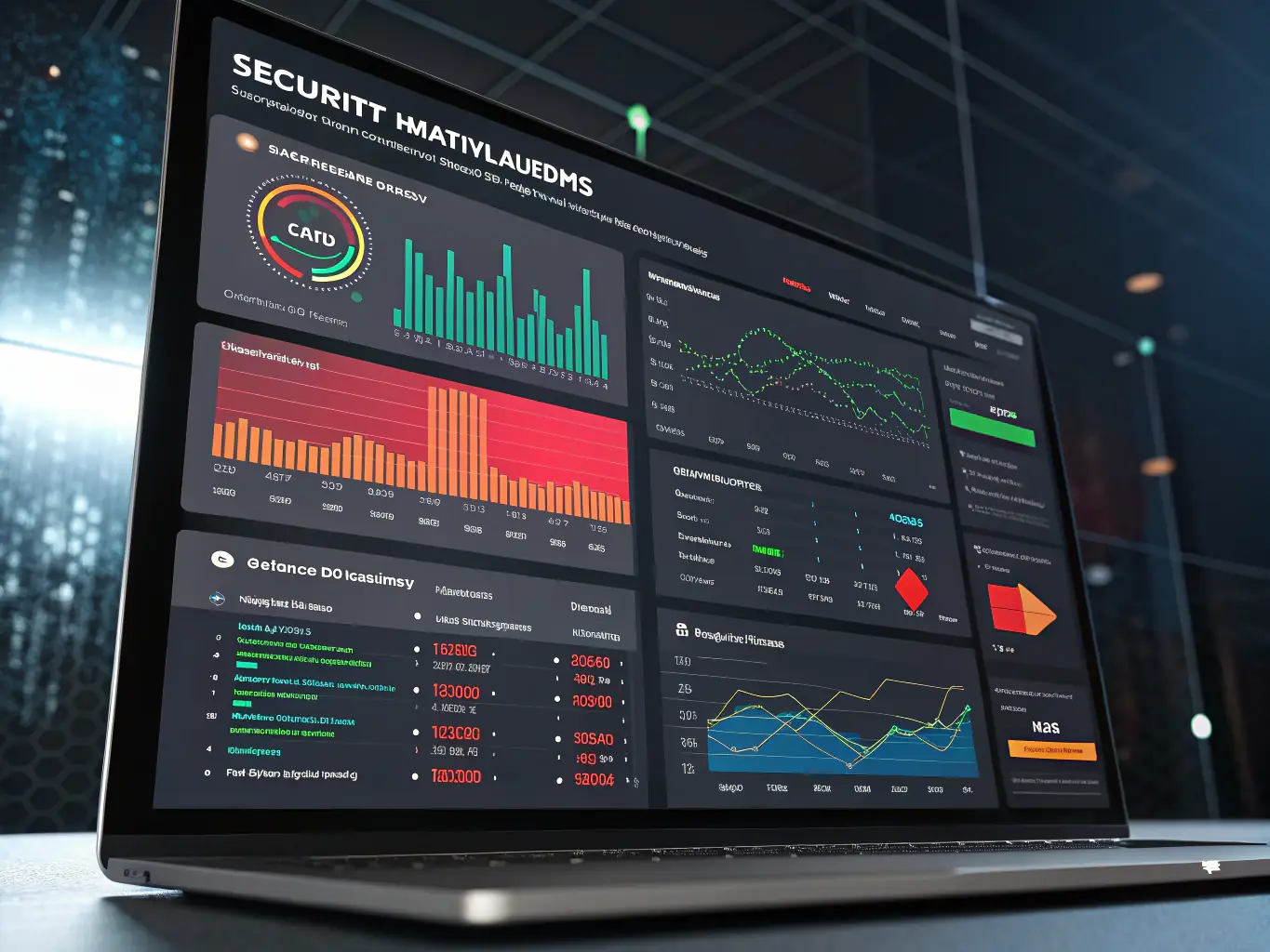 An image showing a dashboard with various security metrics and charts, highlighting risk assessment. The interface is clean and professional, indicating a user-friendly experience.