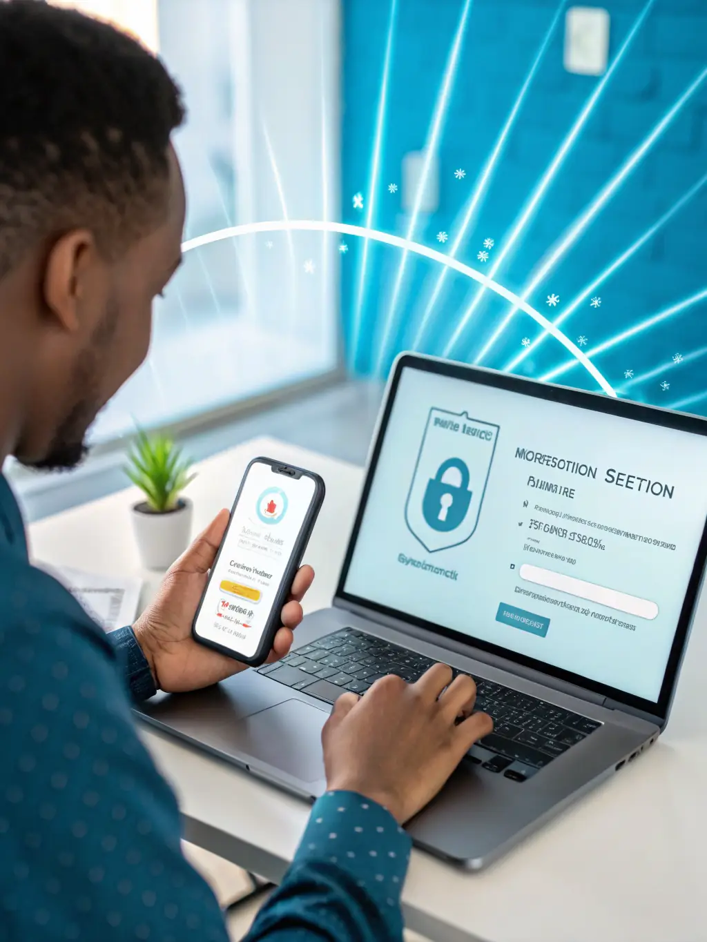 A graphic showcasing a multi-factor authentication process, with various authentication methods like biometrics, tokens, and passwords, highlighting TechnoGenerations' commitment to secure access control.